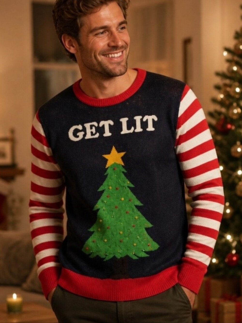 Tipsy Elves Navy 'Get Lit' Christmas Crewneck with Red & White Sleeves